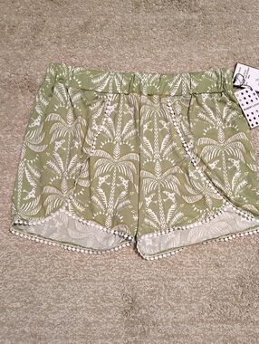 Robert Louis Olive Green Palm Tree Print Pom-Trim High-Waist Shorts Size XL NWT